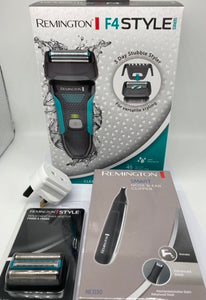 Remington F4 Style Series F4000 Men’s rechargeable Shaver plus a spare foil and cutter cassette. Also includes one Remington nose and ear trimmer.